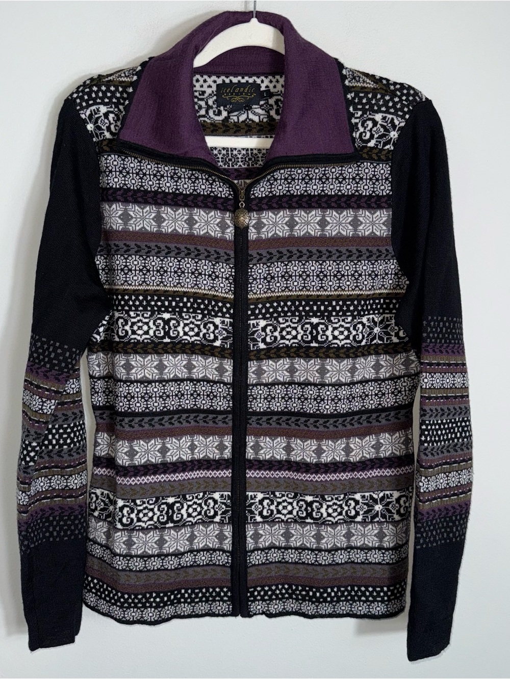 Icelandic Design Women's Full Zip Cardigan Sweater-Wool Blend-Black Purple-Large